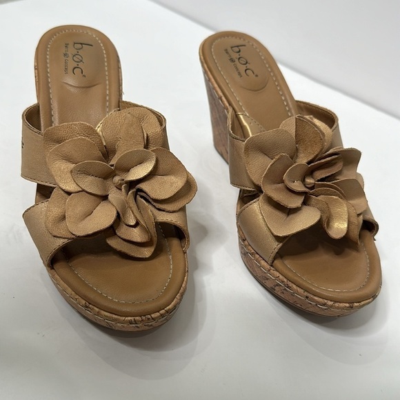 BOC Tan Floral Cork Wedge Upper Leather Comfort Sandals Women’s Comfort Shoes 7M - Picture 2 of 15